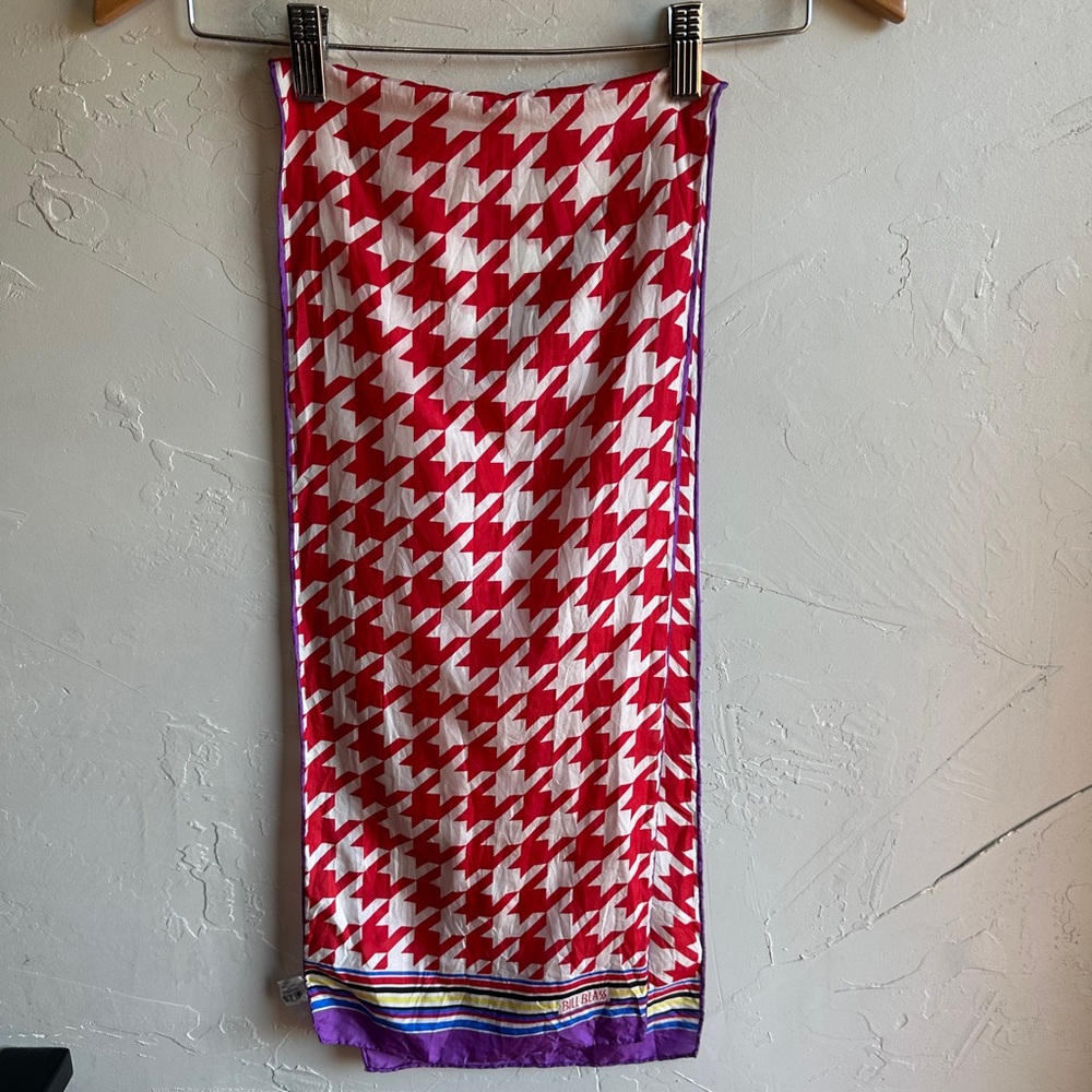 Vintage Bill Blass Silk Houndstooth Scarf Red White Preppy Old Money Retro 9x52”